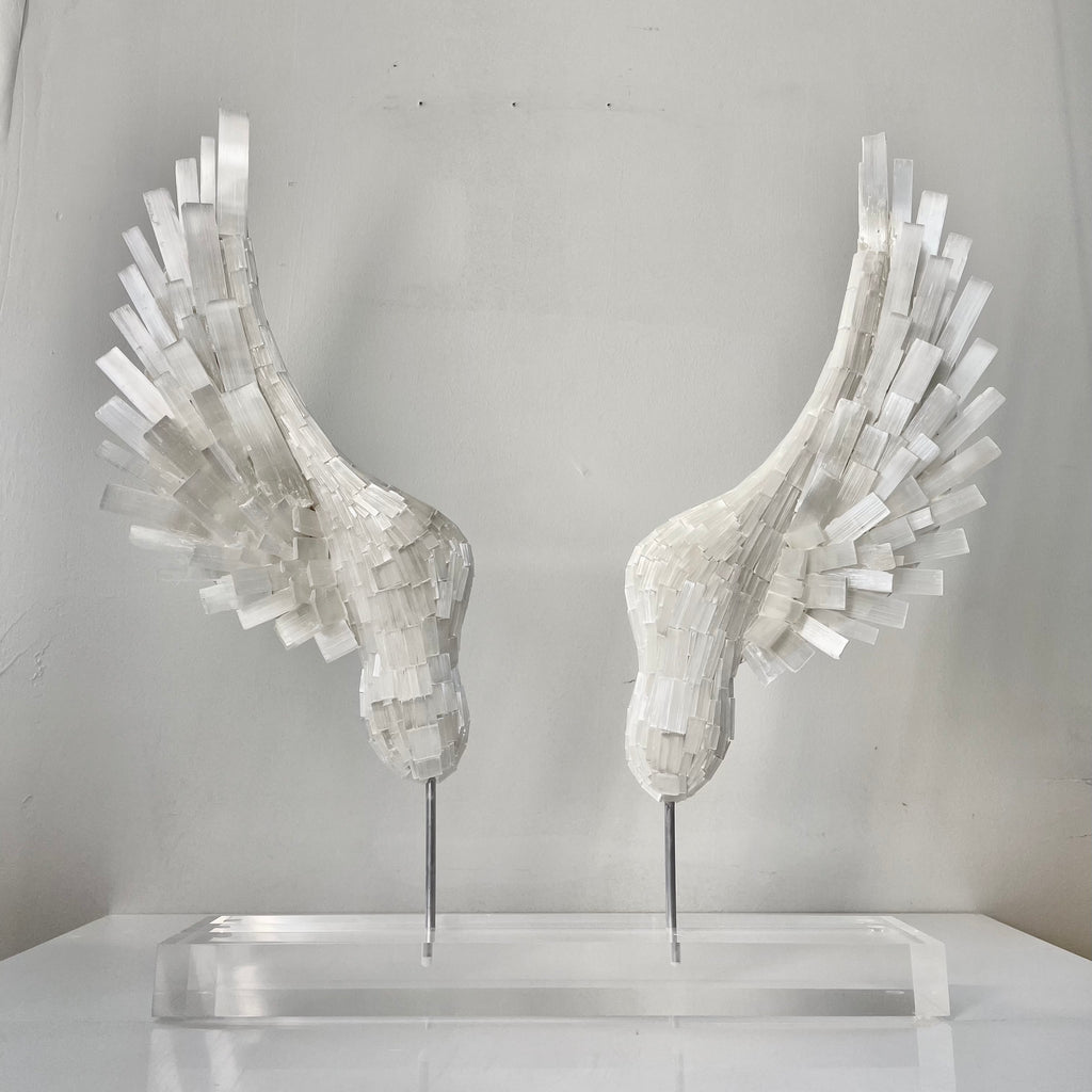 Selenite Crystal Angel Wings on Pedestals | Nate Ricketts Design