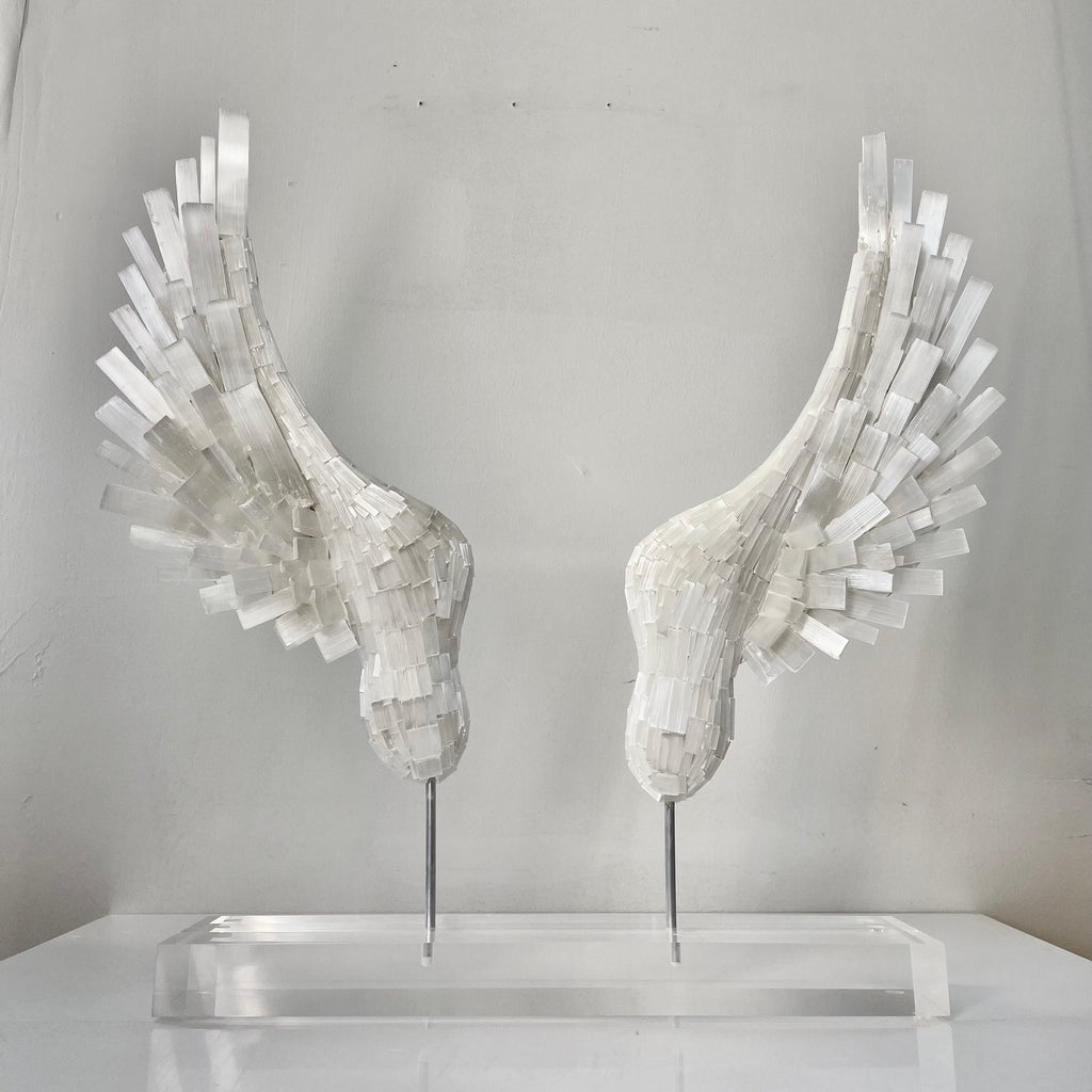 Selenite Crystal Angel Wings on Pedestals Double-Sided - Nate Ricketts Design