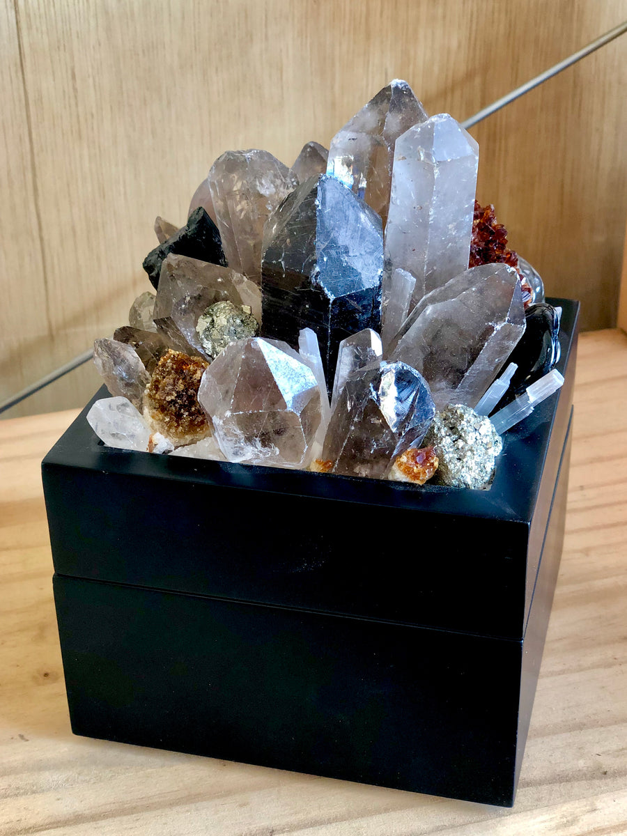 Crystal Box with Quartz Point, Pyrite, and Selenite Tiles