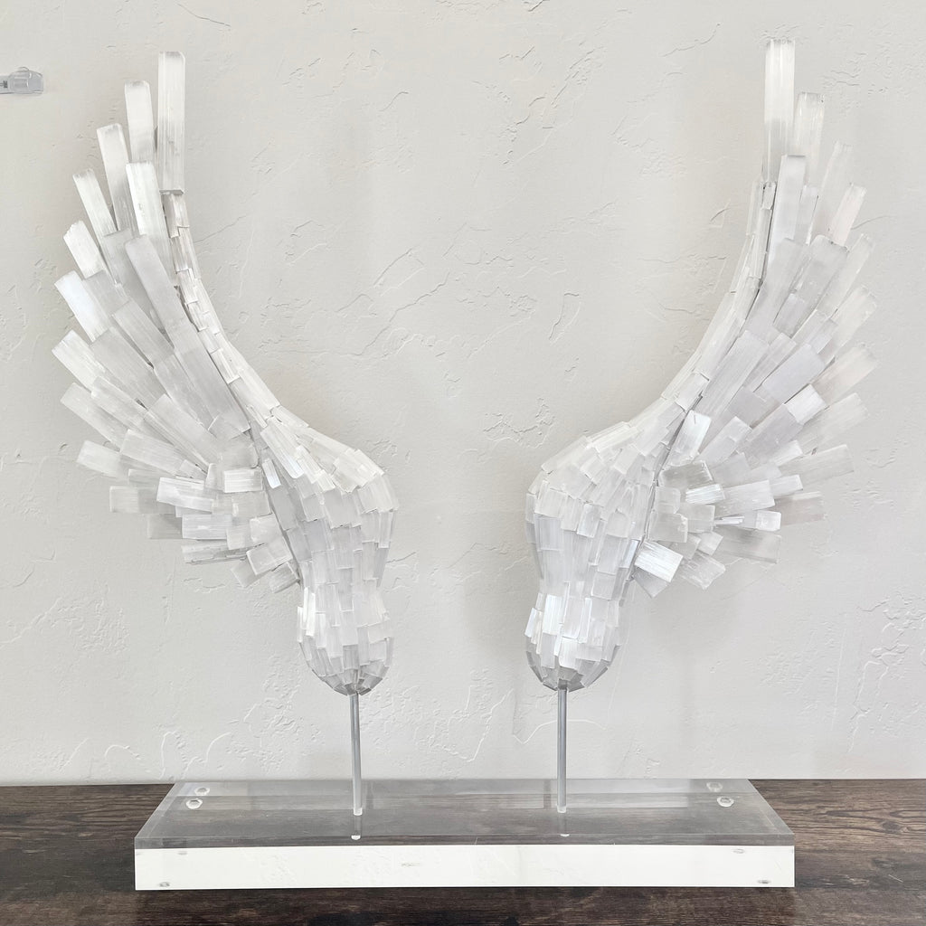 Selenite Crystal Angel Wings on Pedestals | Nate Ricketts Design