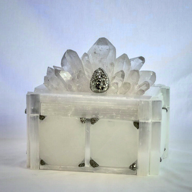 Crystal Box with Quartz Point, Pyrite, and Selenite Tiles - Nate Ricketts Design