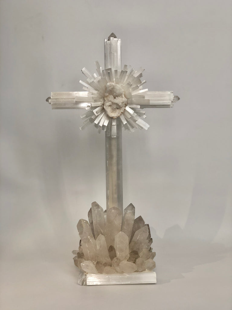 Selenite and Quartz Crystal Standing Cross - Nate Ricketts Design