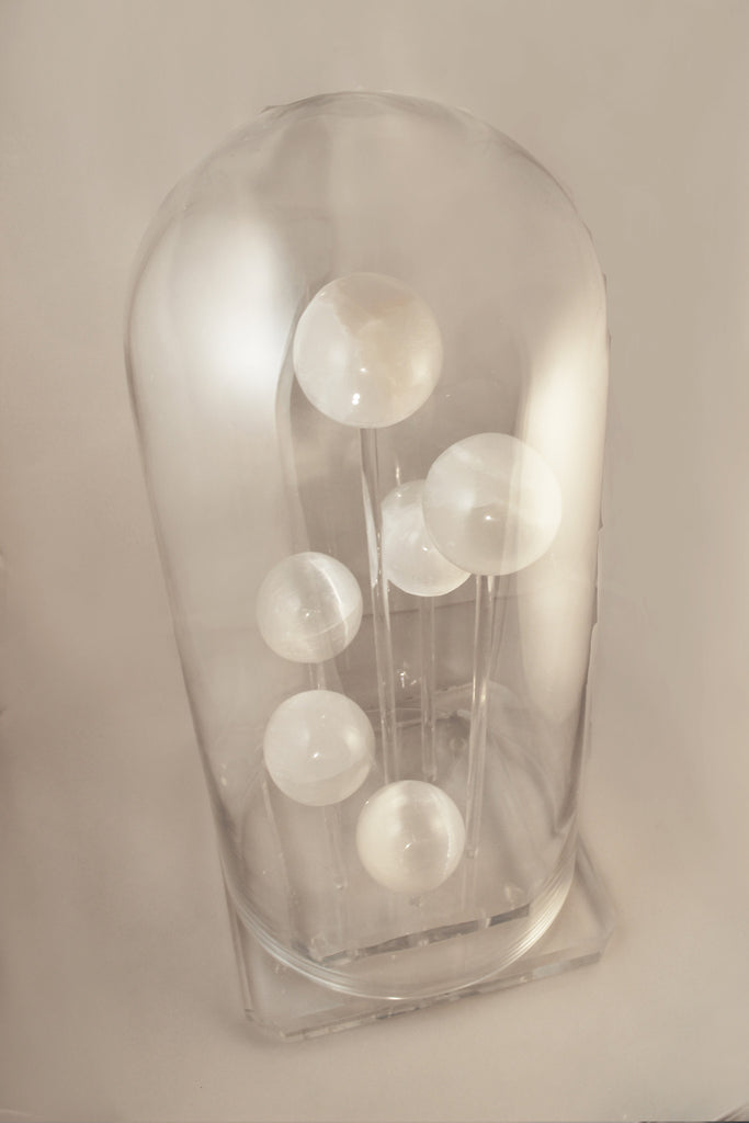 Selenite Crystal Orbs Under Glass - Nate Ricketts Design