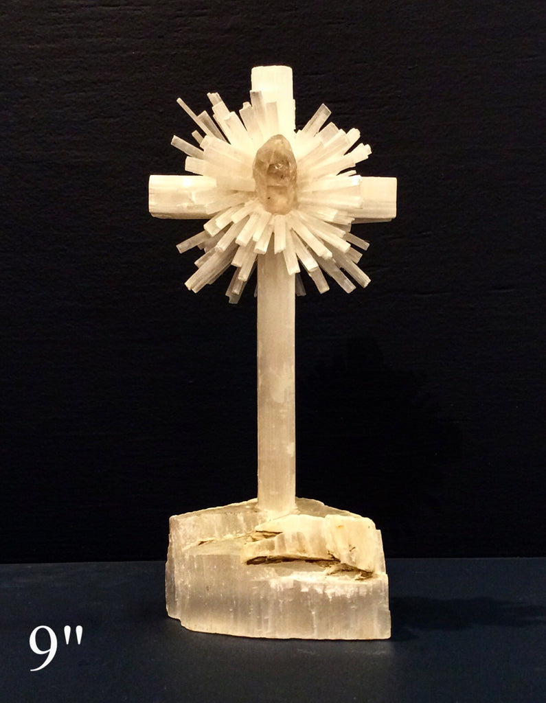 Selenite and Quartz Crystal Standing Cross - Nate Ricketts Design