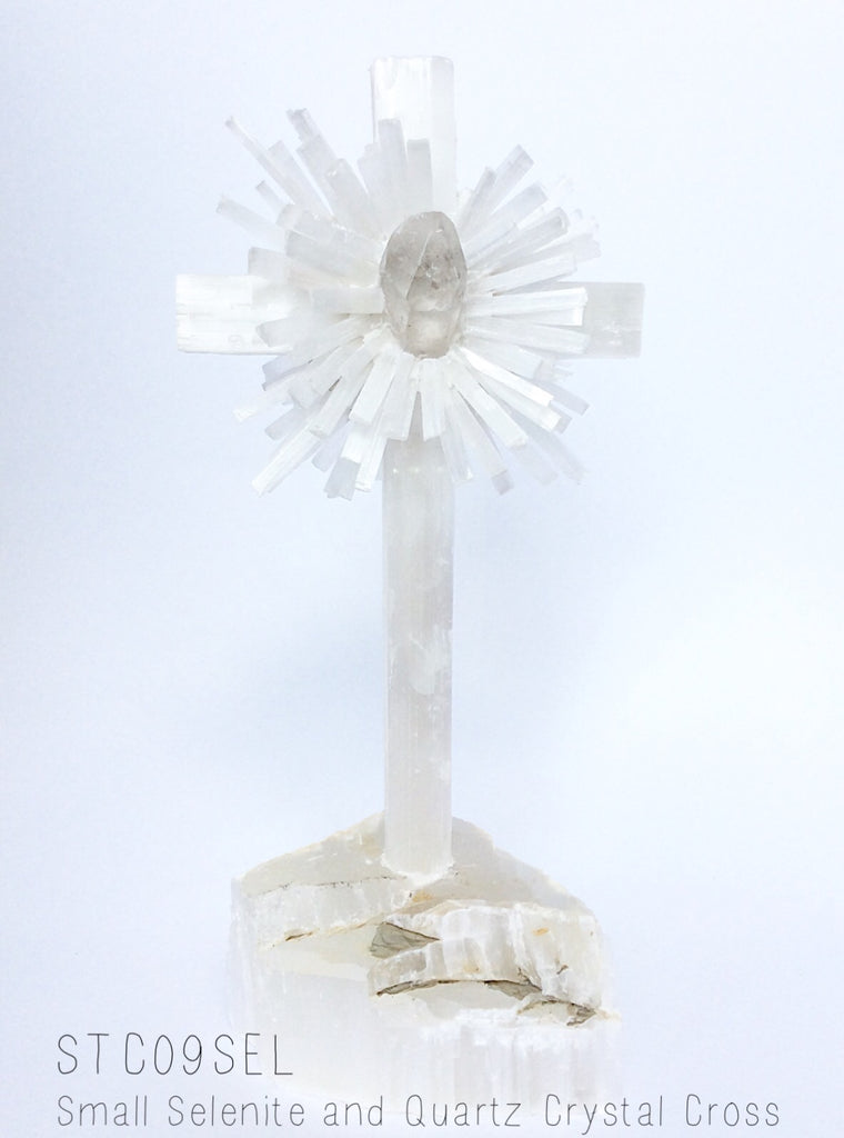 Selenite and Quartz Crystal Standing Cross - Nate Ricketts Design
