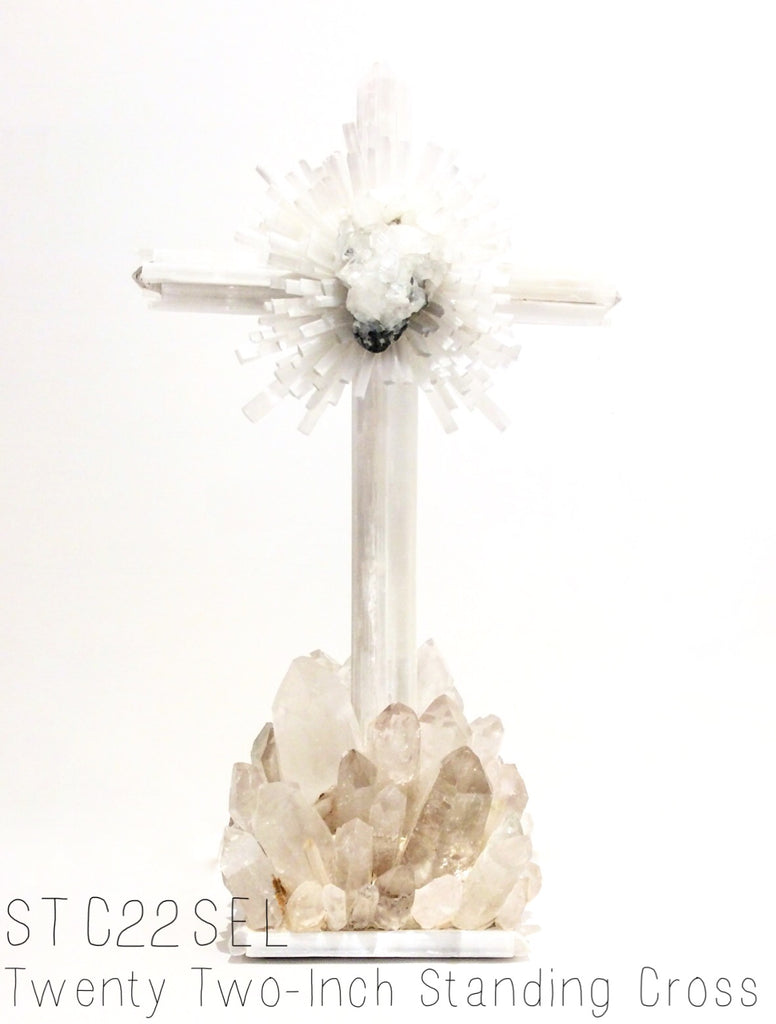 Selenite and Quartz Crystal Standing Cross - Nate Ricketts Design