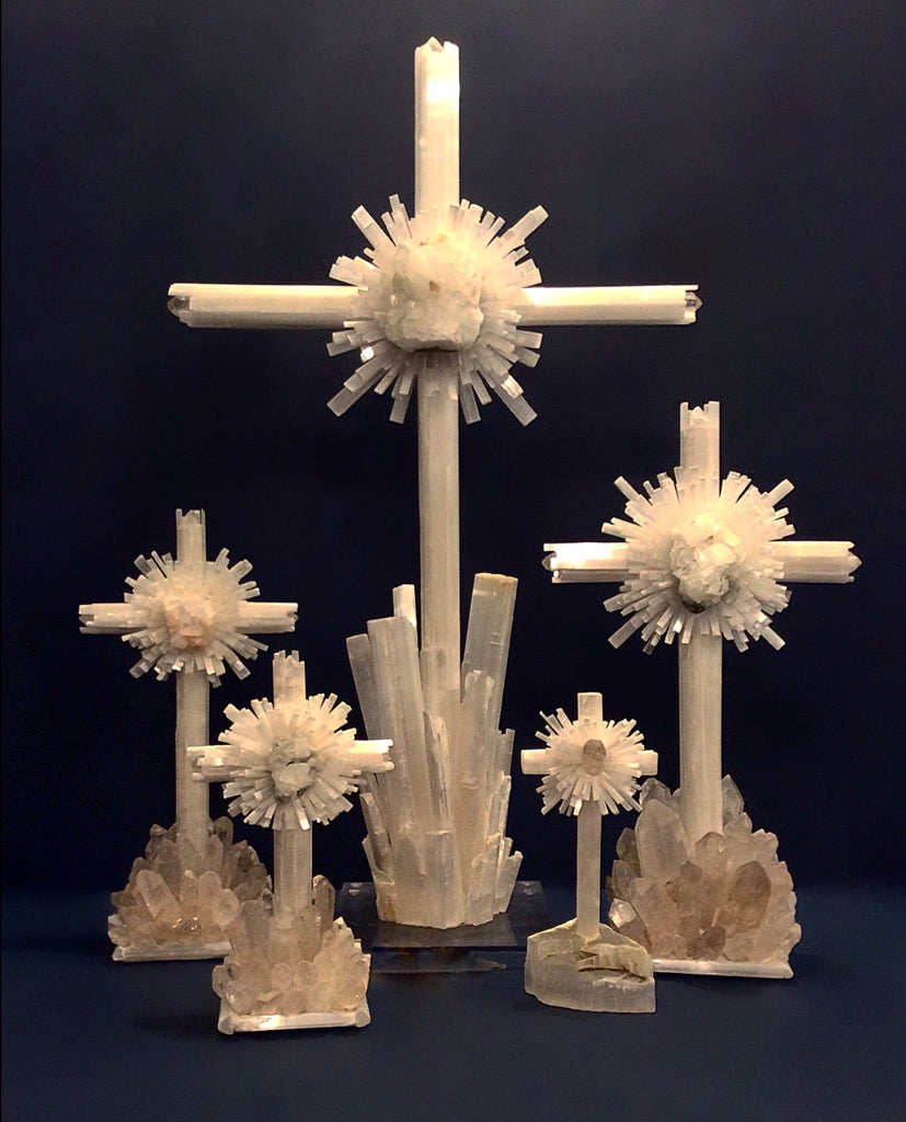 Selenite and Quartz Crystal Standing Cross - Nate Ricketts Design