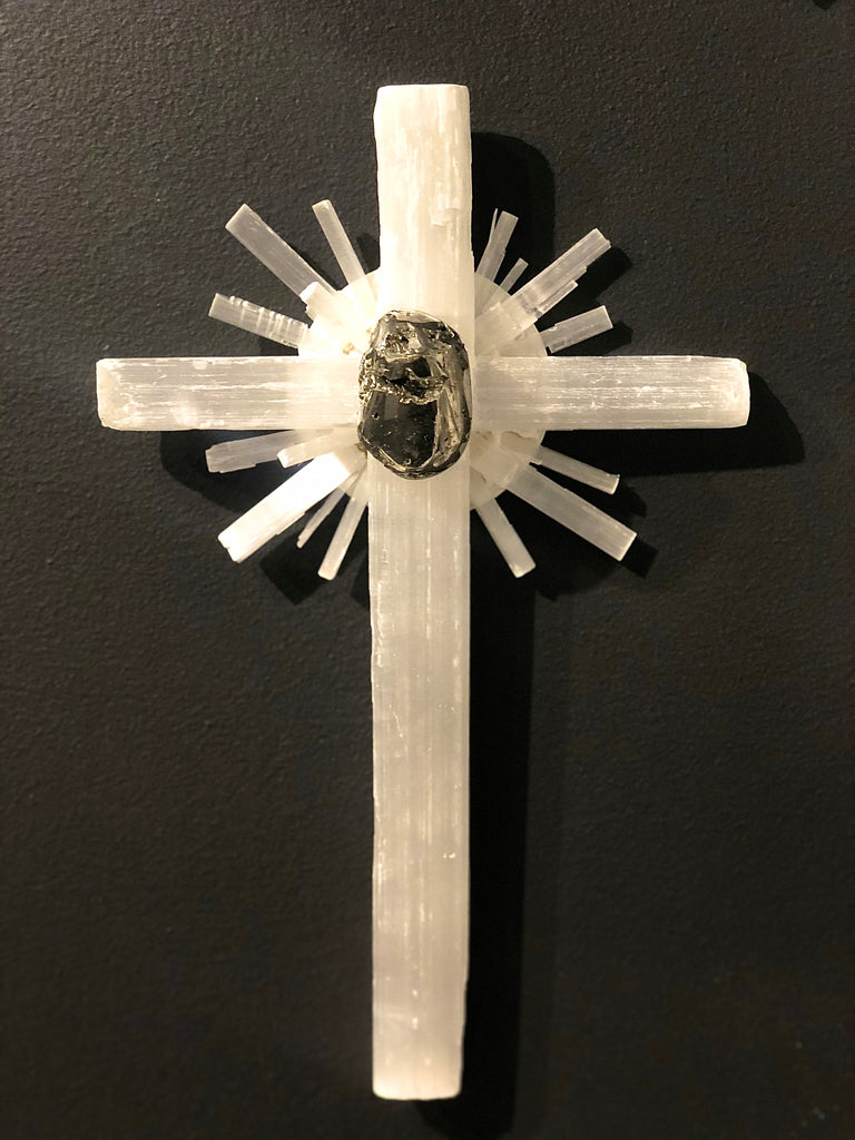 Selenite Stick Wall Cross with Pyrite | Nate Ricketts Design