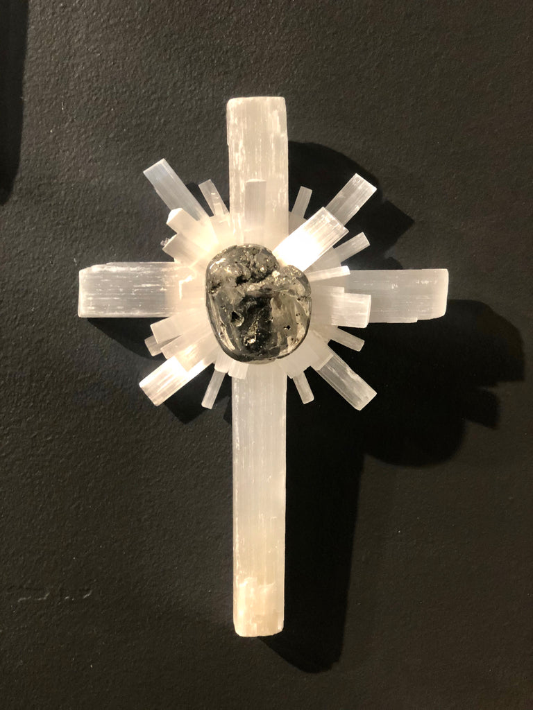 Selenite Stick Wall Cross with Pyrite | Nate Ricketts Design